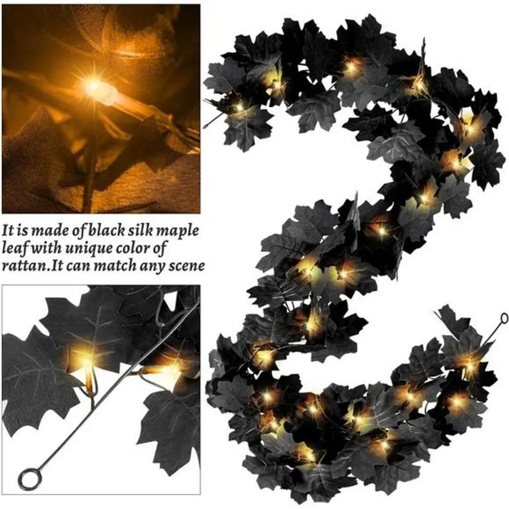 Black Leaf Garland with Yellow Lights, 2 Pack Halloween Artificial Hanging Fall